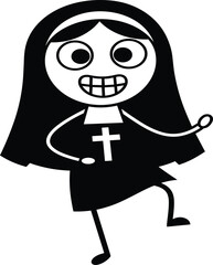Cartoon nun character, black and white illustration, joyful dance pose, religious costume, expressive face, fun design, vector art, smiling nun