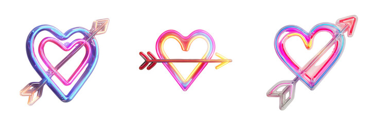 Set of Pink neon heart icon with gentle illumination on white surface, clean and simple design on transparent png background. Ai generated