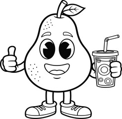 Cartoon pear character, thumbs up fruit, juice cup, healthy eating, fun mascot, smiling face, sneakers, leaf stem, vector, cute