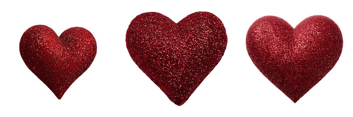 Set of Red glitter heart lying on white background, soft natural lighting on transparent png background. Ai generated
