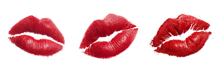 Set of Red lipstick kiss mark, soft natural edges, minimalistic aesthetic on transparent png background. Ai generated