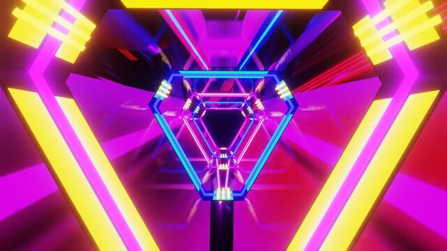4K Neon Futuristic Synthwave Hex Tunnel 3D Render