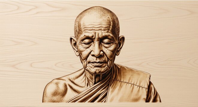 Pyrography art of elderly buddhist monk portrait meditating on light wood texture background