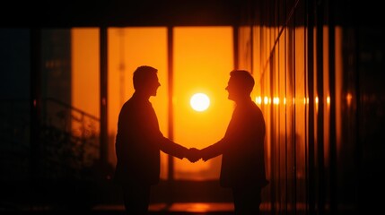 Business Partners Shaking Hands Silhouette at Sunset Bokeh Background