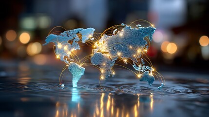 Global connections and technology with illuminated world map at night