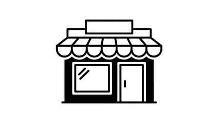 A simple black and white line drawing of a storefront with an awning and a sign.