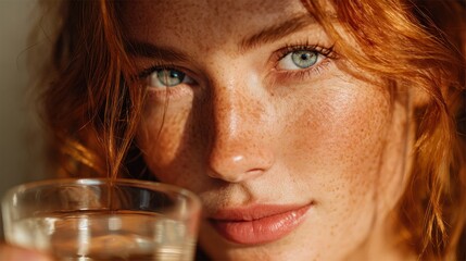 Young Woman with Freckles Holding Glass of Water in Soft Light