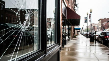 Broken storefront window on rainy city street with damaged glass