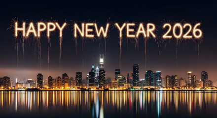 Night City Skyline with New Year Celebration Messages.