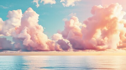 A serene landscape with soft, pastel-colored clouds in the sky, a calm sea below, and a light