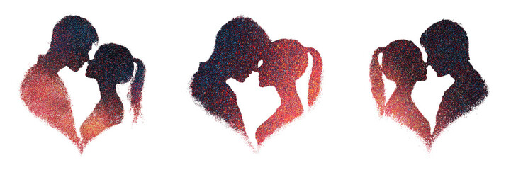 Set of Two silhouettes forming a heart with their bodies on transparent png background. Ai generated
