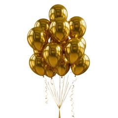 A bunch of shiny golden balloons isolated on transparent background