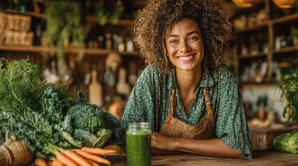 Smiling woman with green smoothie in organic vegetable market