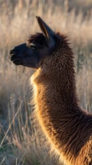 Naklejka premium Llama Portrait at Golden Hour: Wild Animal in Natural Habitat Bathed in Warm Sunlight