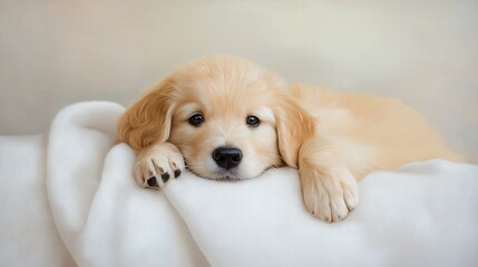 golden retriever puppy lying on a soft, white blanket, with a gentle