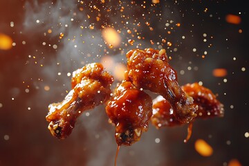 Halal chicken wings tossed into the air, spicy BBQ sauce splashing all around 