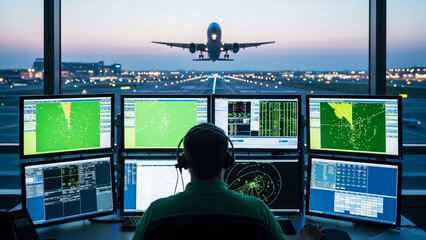 Air traffic controller working at airport control tower during evening
