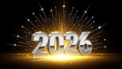 Shiny silver number 2026 with golden light effects and firework elements
