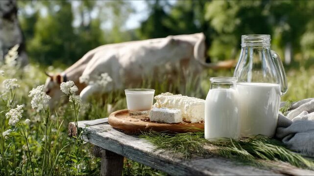 Farm fresh dairy products, creamy cheese and liquid milk in glass containers, presented on a rustic wooden surface, with a gentle cow grazing in a lush green meadow, bathed in natural sunlight.