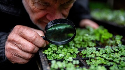 Technician using a magnifying glass to closely observe seedling leaves for early infection symptoms under artificial conditions.