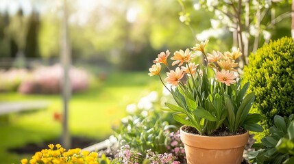 A peaceful garden scene with blooming flowers and lush greenery