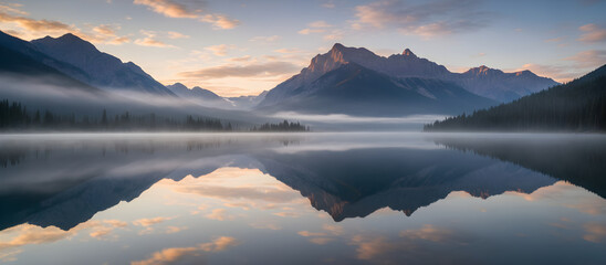 Mountain lake reflecting foggy sunrise in banff national park