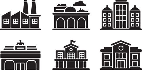 Fototapeta premium Black industrial and public building silhouette icons representing factories and civic architecture