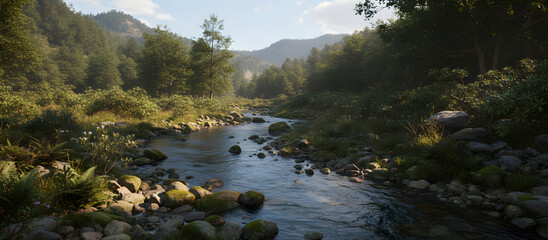 River flowing through green forest mountain landscape