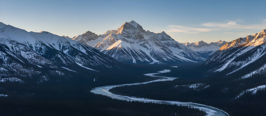 Canadian rockies mountain valley with winding river at sunrise
