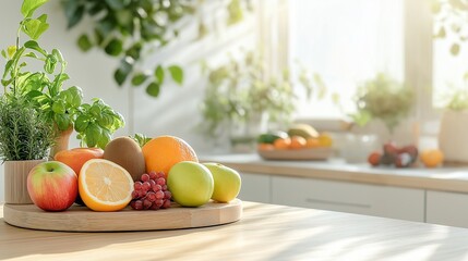 A modern kitchen scene with a light-colored wooden dining table, fresh fruits arranged neatly