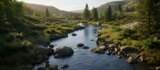 Mountain river flowing through green forest valley