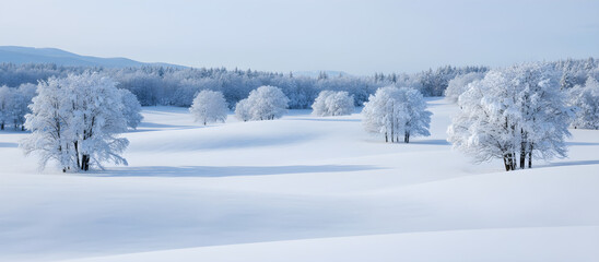 Winter snow landscape showing peaceful forest trees