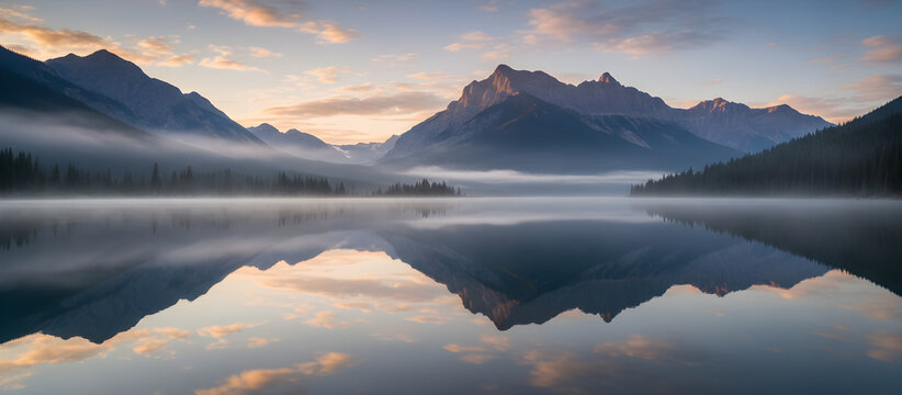 Mountain lake reflecting foggy sunrise in banff national park - Powered by Adobe