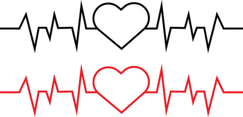 Two Heartbeat Lines With Hearts In Black And Red On White