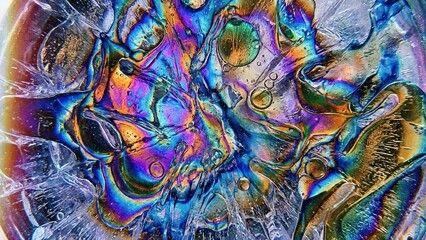 Fototapeta premium Macro Abstract of Colorful Iridescent Ice with Cracks and Bubbles, Showcasing a Psychedelic and Textured Winter Background