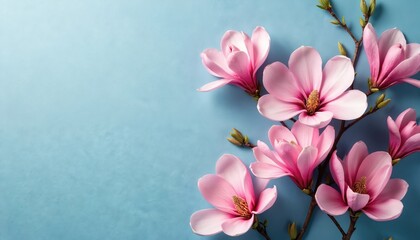Pink magnolia flowers bloom on branches against a textured blue backdrop. Delicate petals open to reveal stamens, creating a refreshing spring scene.