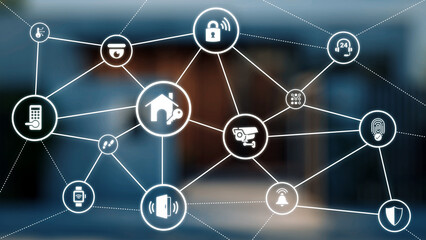 Home security icons show smart home, surveillance, and safety devices. Home security ensures...