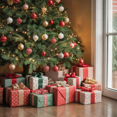 "Decorated Christmas Tree with Assorted Wrapped Gifts Underneath by Sunny Window &mdash; Cozy Holiday Living Room Scene"
