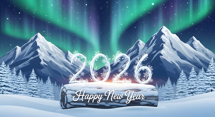 Northern Lights Aurora Over Snowy Mountain Landscape.