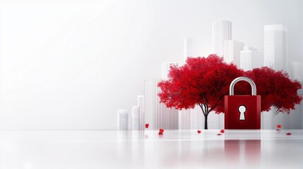 A modern depiction of cybersecurity with a digital lock overlaying a city skyline