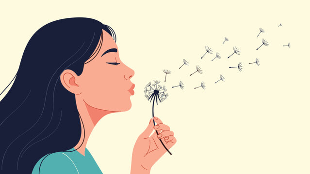 Profile of a beautiful young woman with closed eyes blowing the seeds from a dandelion, symbolizing making a wish or letting go.