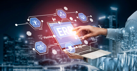 A person interacts with an innovative ERP software interface on a laptop, showcasing the digital transformation of business processes in a smart city environment. Tessel