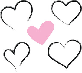 Five hand drawn hearts with one pink heart in the center