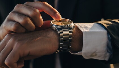 Professional Man Adjusting Luxury Wristwatch: Time Management, Punctuality & Business Success Concept