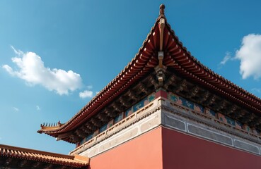 Naklejka premium Traditional Chinese imperial architecture eaves under blue sky with clouds. Red building walls and tiled roofs form classic oriental design. Detailed roof ornaments show cultural heritage.