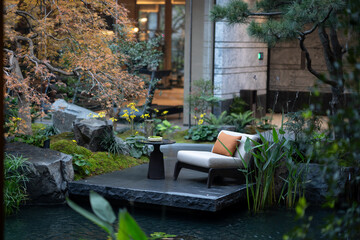 Obraz premium Cozy lounge chair in serene garden