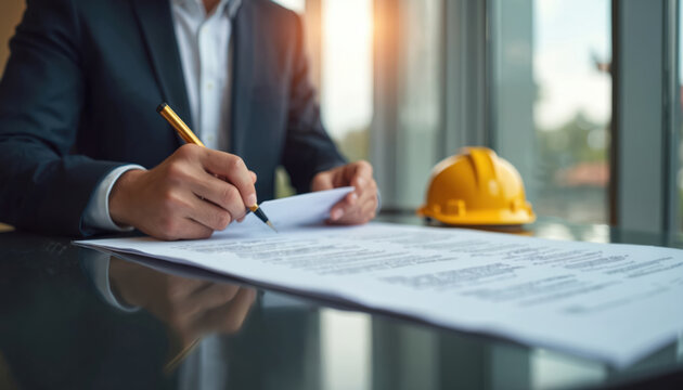 Man in suit signs document next to yellow hard hat. Architect reviews plans, approves construction project, confirms building permit details. Business deal, legal agreement, property development,