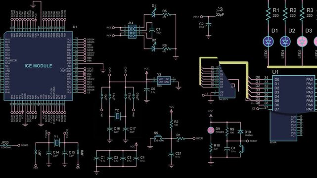 Video animation with schematic diagram of electronic device. Animated motion lens increase effect. Drawing electrical circuit with capacitor, resistor, processor, diode. Computer technic cad design.