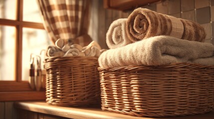 Obraz premium Cozy Bathroom Scene with Wicker Baskets and Soft Folded Towels for a Relaxing Ambiance