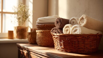 Fototapeta premium Cozy Bathroom Scene with Wicker Baskets and Neatly Folded Towels in Warm Natural Light